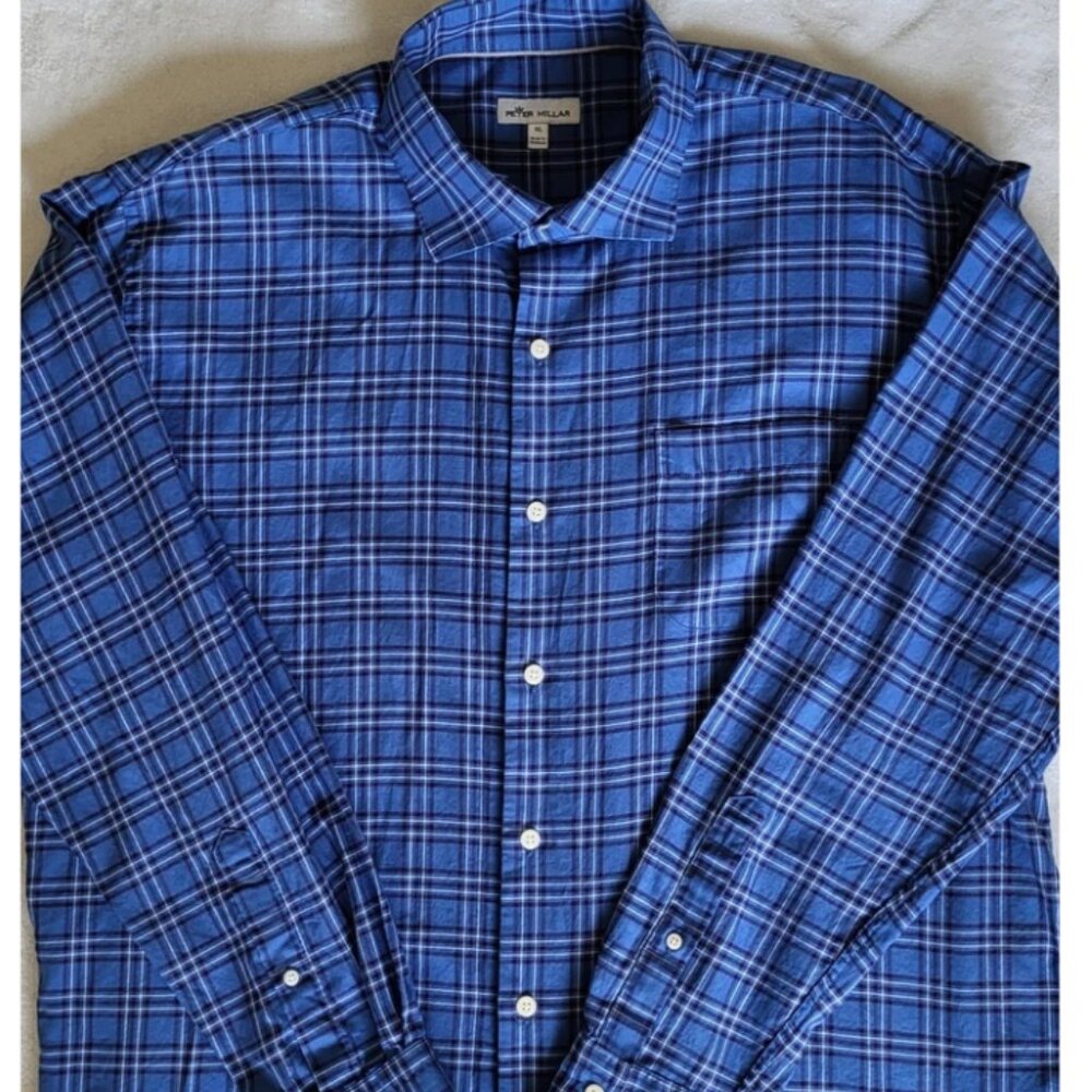 PETER MILLAR Men's Long Sleeve Button-Down Shirt Plaid Blue Size XL